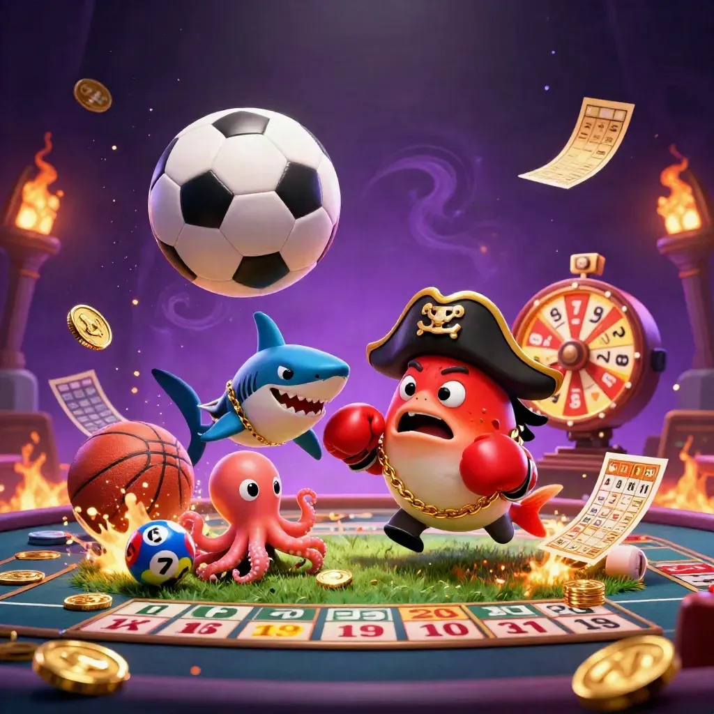 Shark pirate, pufferfish boxer, and octopus amid football chaos, coins, balls, and casino effects.