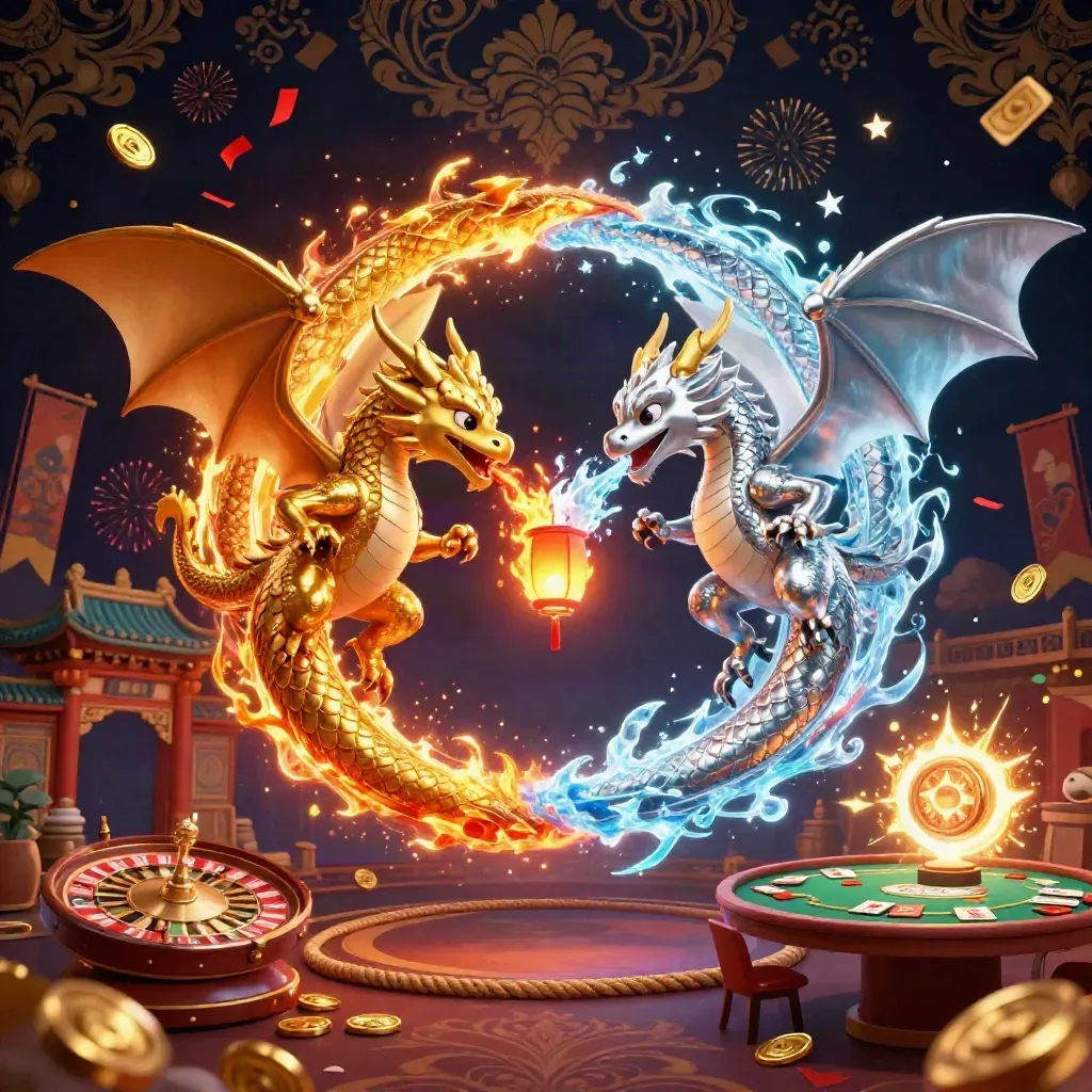 Twin gold and silver dragons orbit a lantern spirit amid pirate-casino treasure, confetti and fireworks.