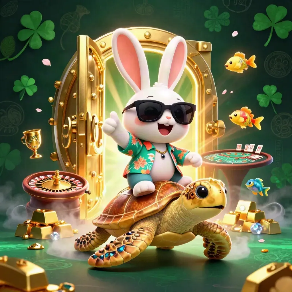 Lucky rabbit on golden sea turtle amid treasure, spinning wheel, cards, and casino glow.