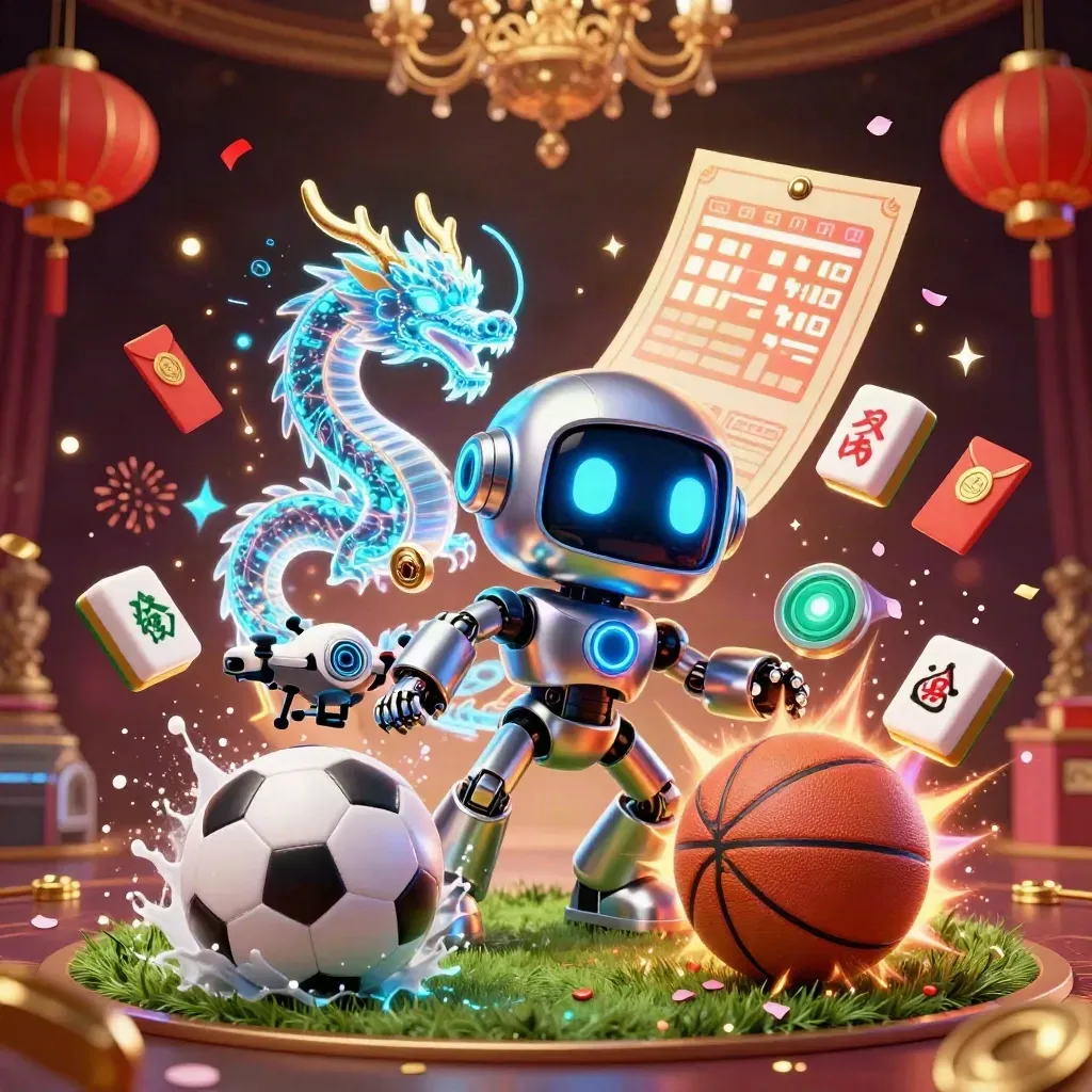 Ground-level casino-sports art with robot, dragon, drone, balls, coins, and fireworks