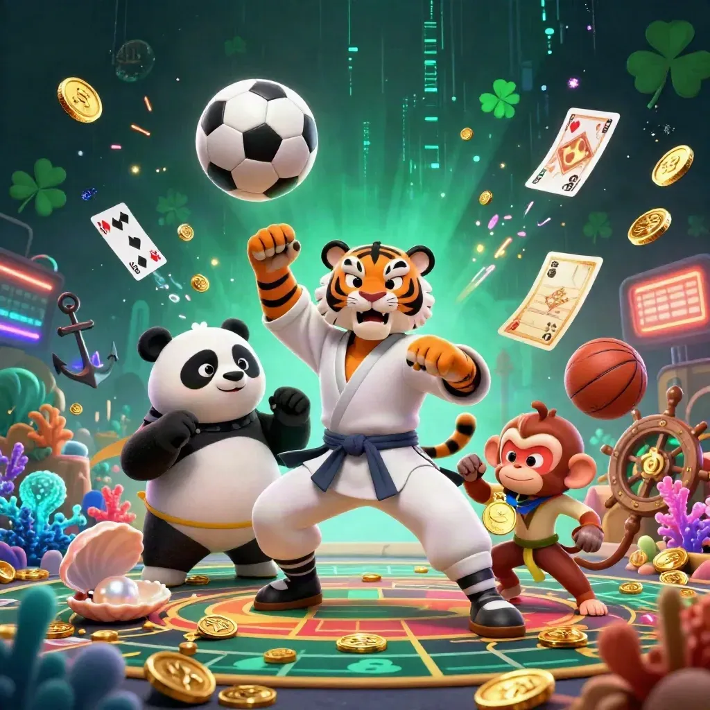 Tiger, panda, and monkey amid coins, coral, cards, and neon sports-casino effects.