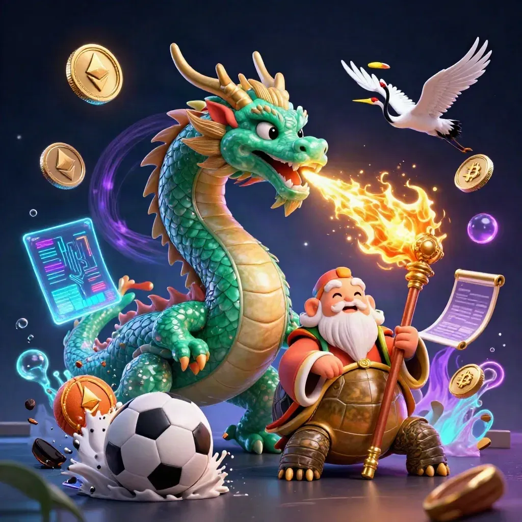 Jade dragon, turtle sage and ribboned cranes amid fire, coins and sports balls in a neon casino blast