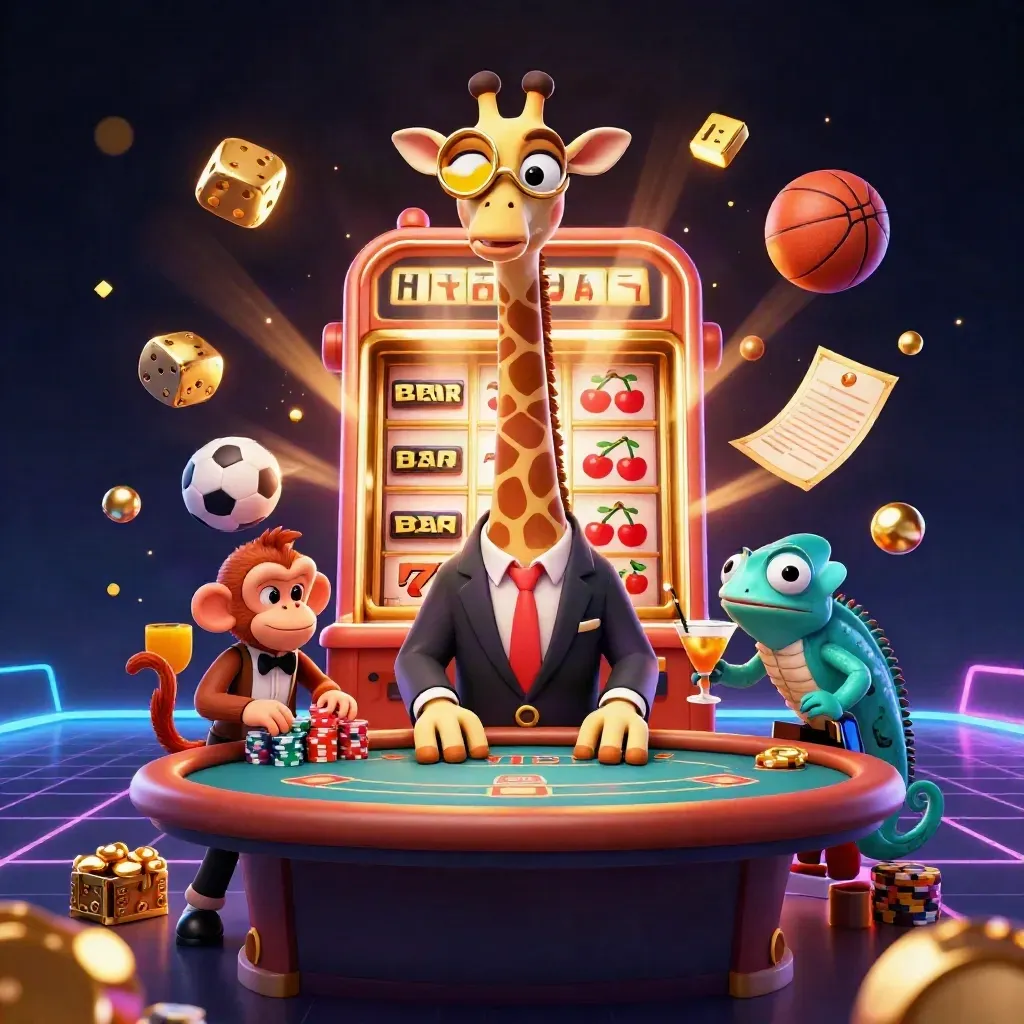 Giraffe, monkey, and chameleon amid casino-sports chaos, gold and teal bursts, cinematic neon.