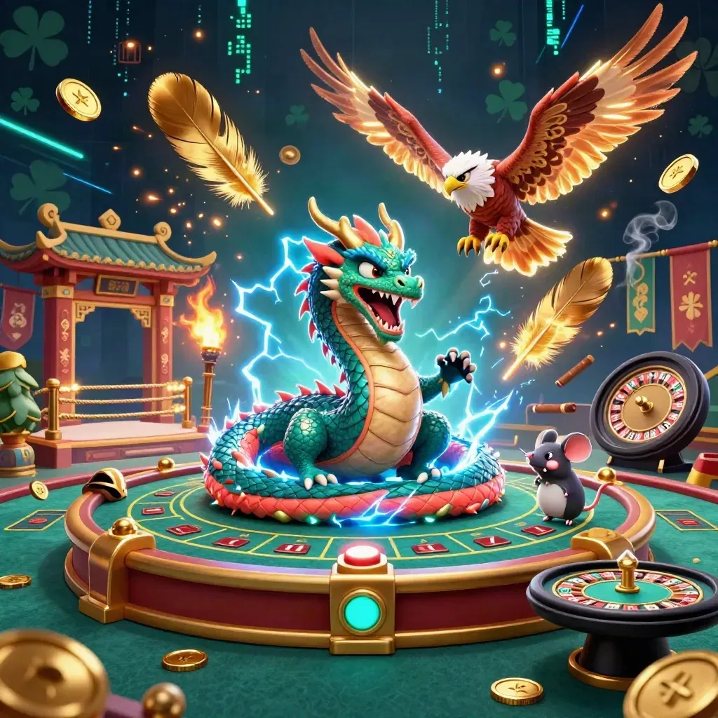 Thunder dragon, wind hawk and thunder-mouse in a pirate-luxe casino with lightning, gold and neon.