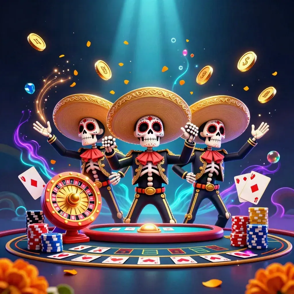 Day-of-the-Dead skeleton mariachi trio in a luxe casino with spinning roulette, coins, gems, and neon light.