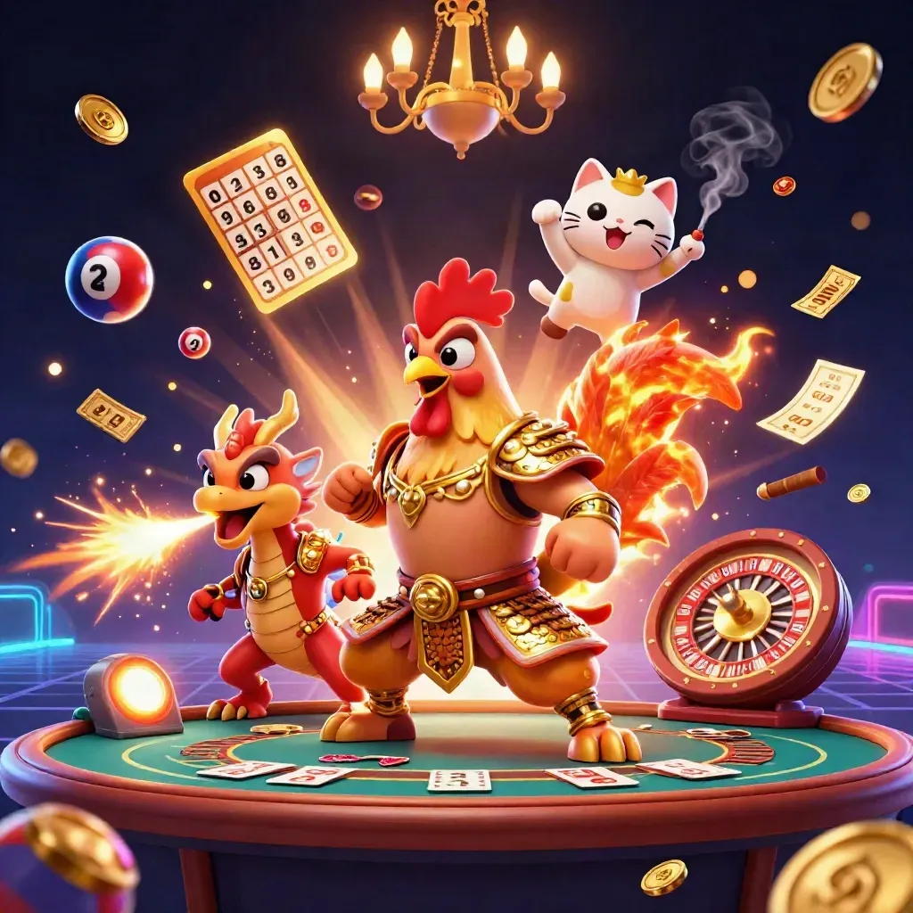 Rooster warrior, dragon hatchling, and fortune-cat amid casino lights, wheels, balls, and gold sparks