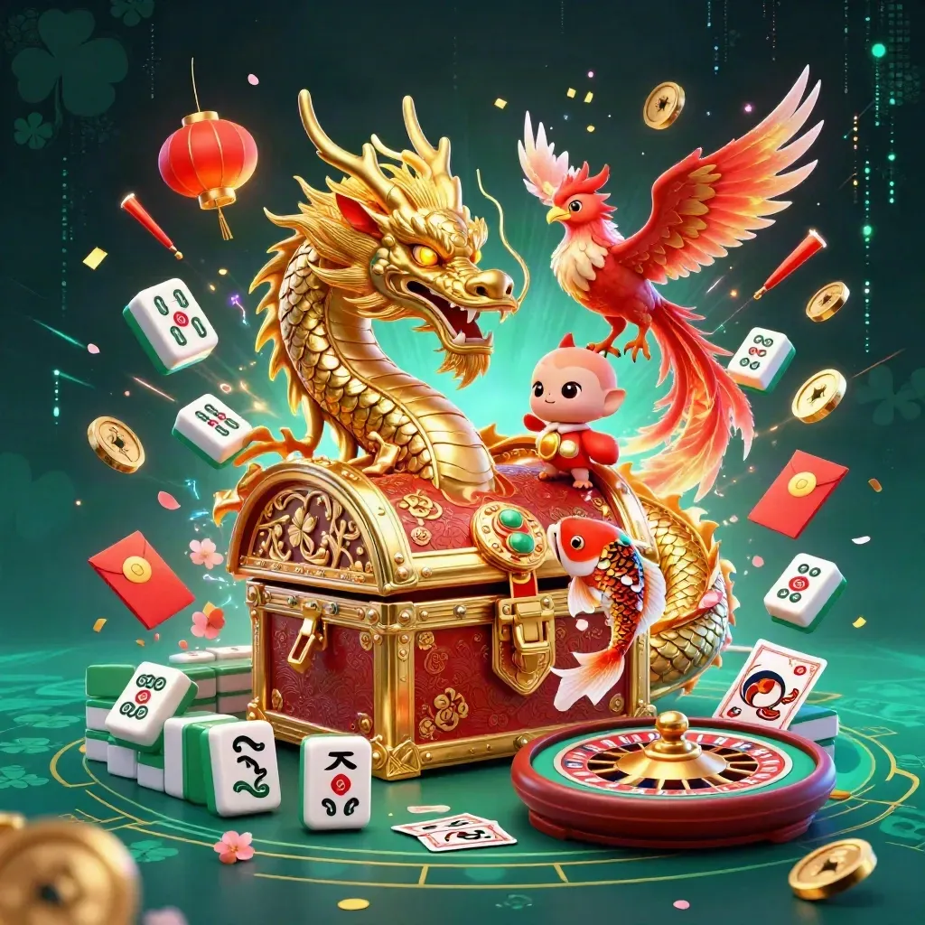 Golden dragon, phoenix, koi, lanterns and casino luxuries in neon pirate-luxe lighting.