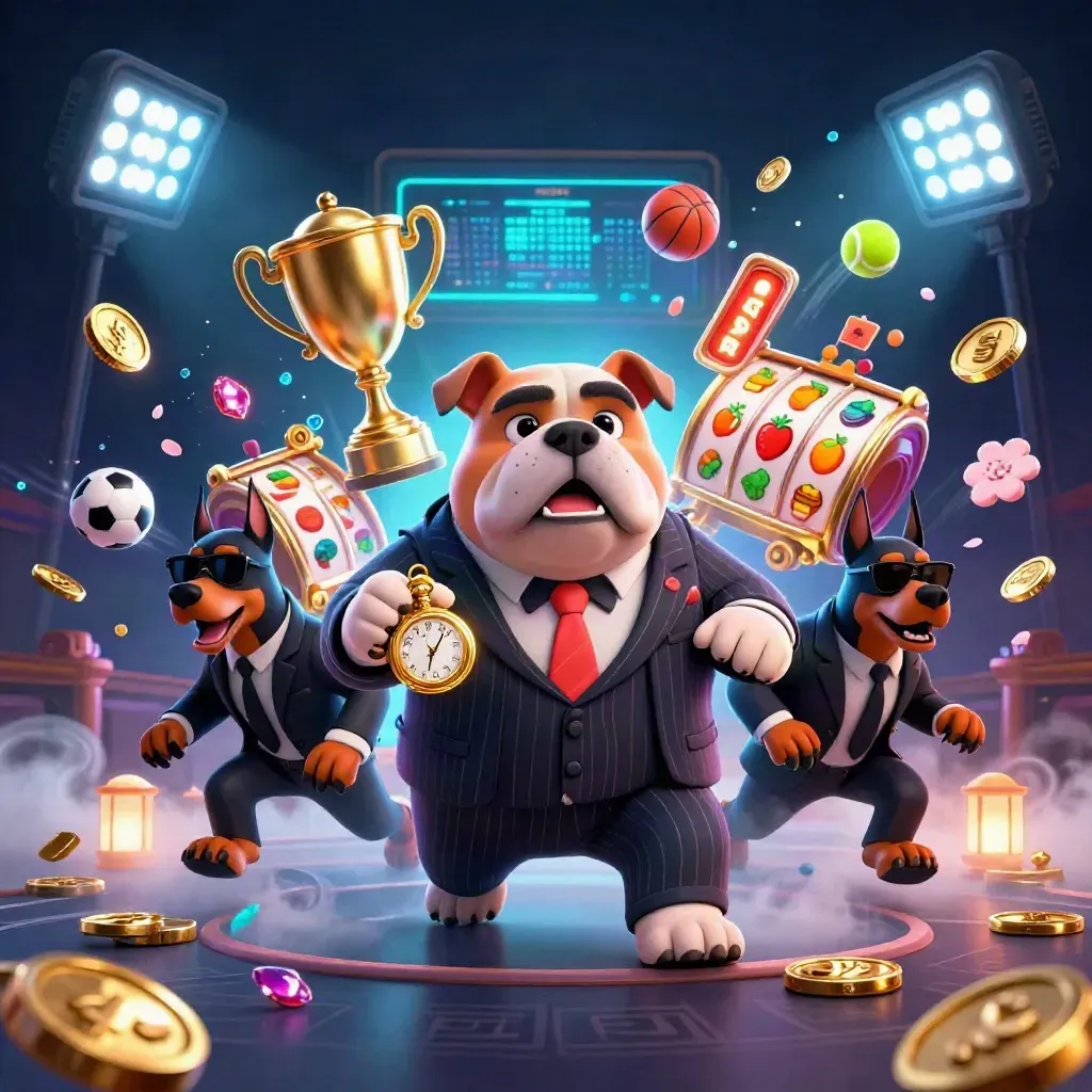 Bulldog crime boss and two Dobermans amid coins, balls, and teal casino magic.