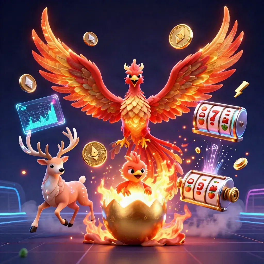 Phoenix, hatchling, and crystal stag amid crypto coins, lightning, and casino glow.