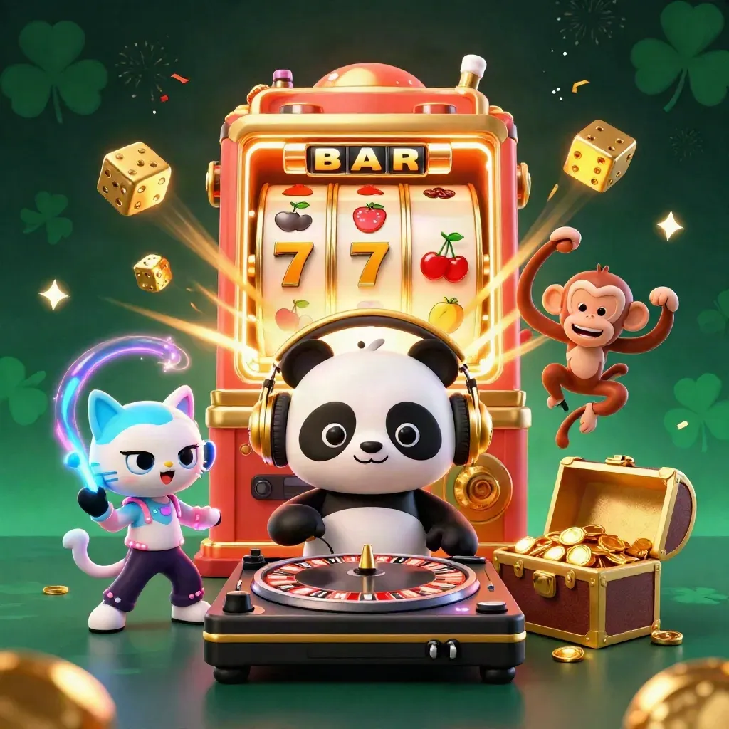 DJ panda, breakdancing monkey, and glow-stick kitten amid exploding slot symbols and treasure.