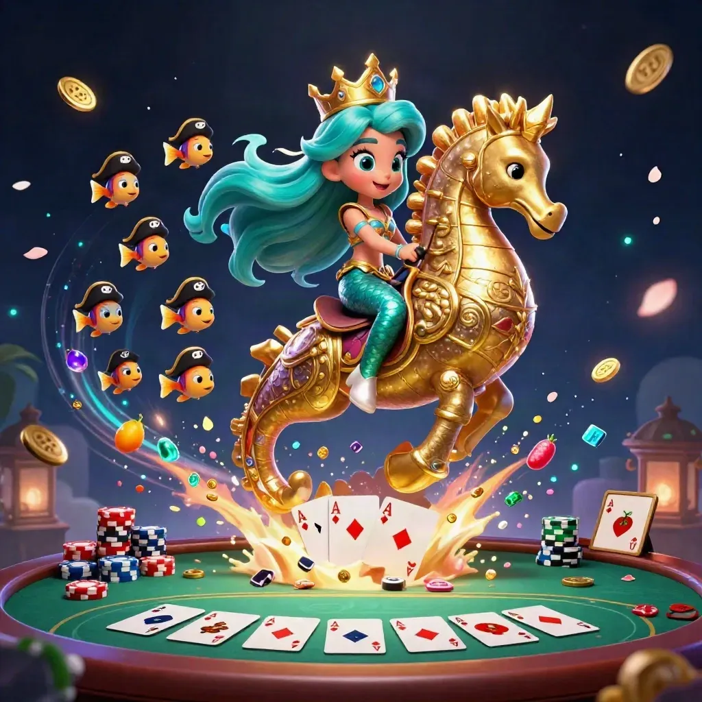 Mermaid princess on a golden seahorse amid pirate fish, chips, cards, and glowing treasure in deep sea-teal light.