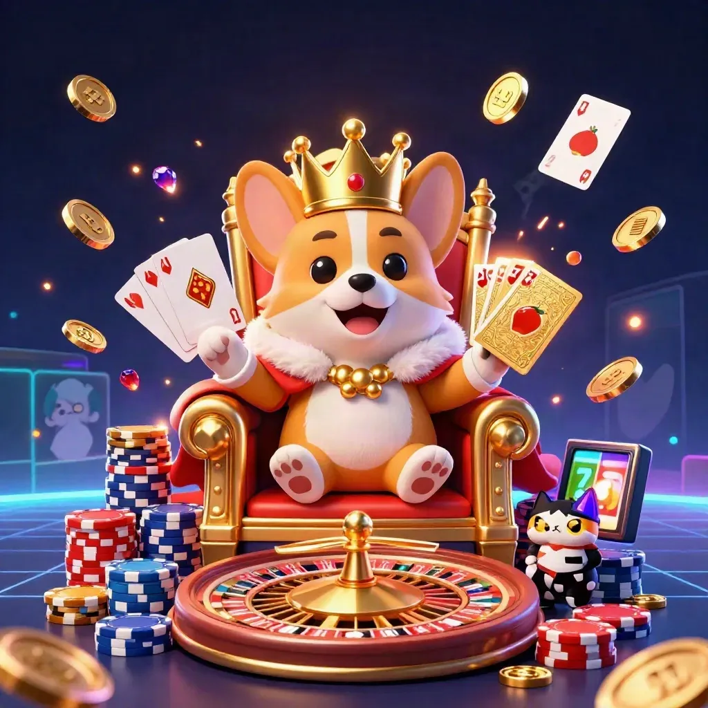 Royal corgi pirate casino hero with cat butler, coins, chips, and spinning roulette