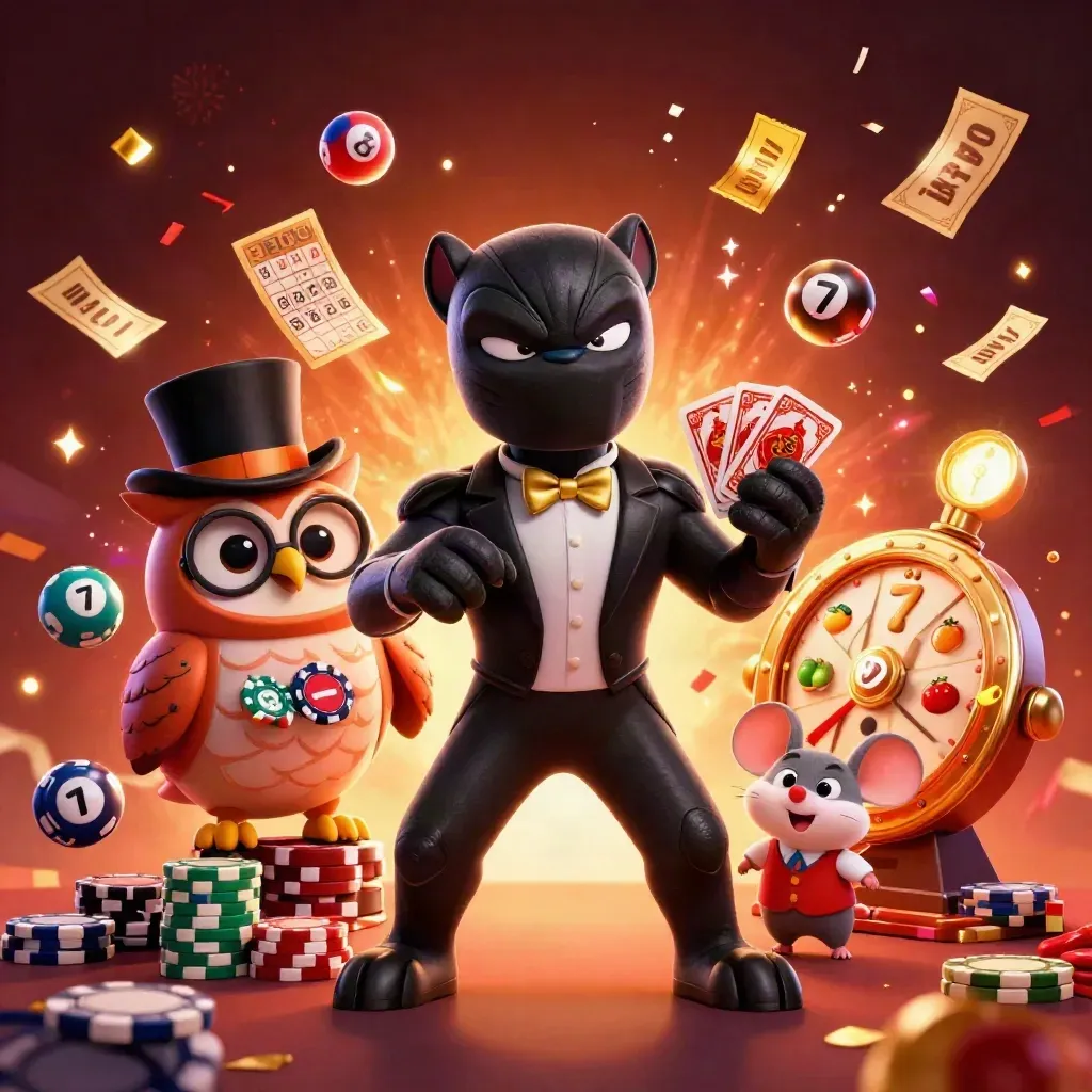 Panther, owl, and mouse casino heroes amid bouncing balls, prize wheel, confetti, and fiery glow.