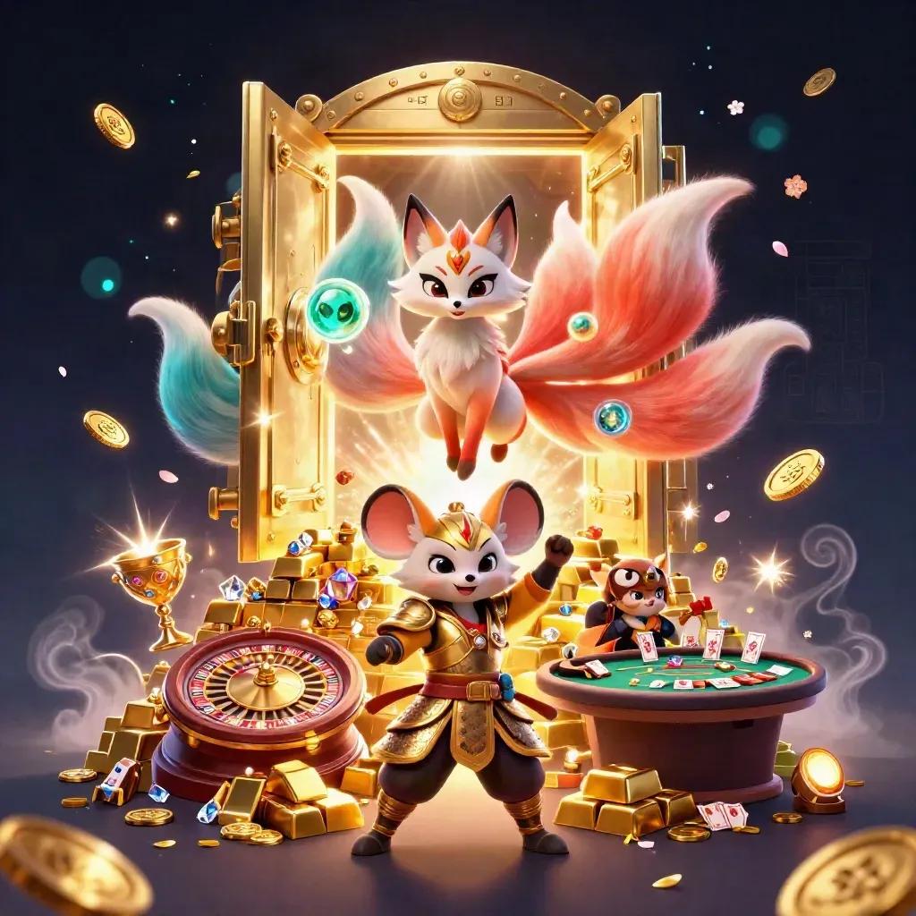 Neon fox spirit and armored mouse beside a bursting golden vault and casino treasures.