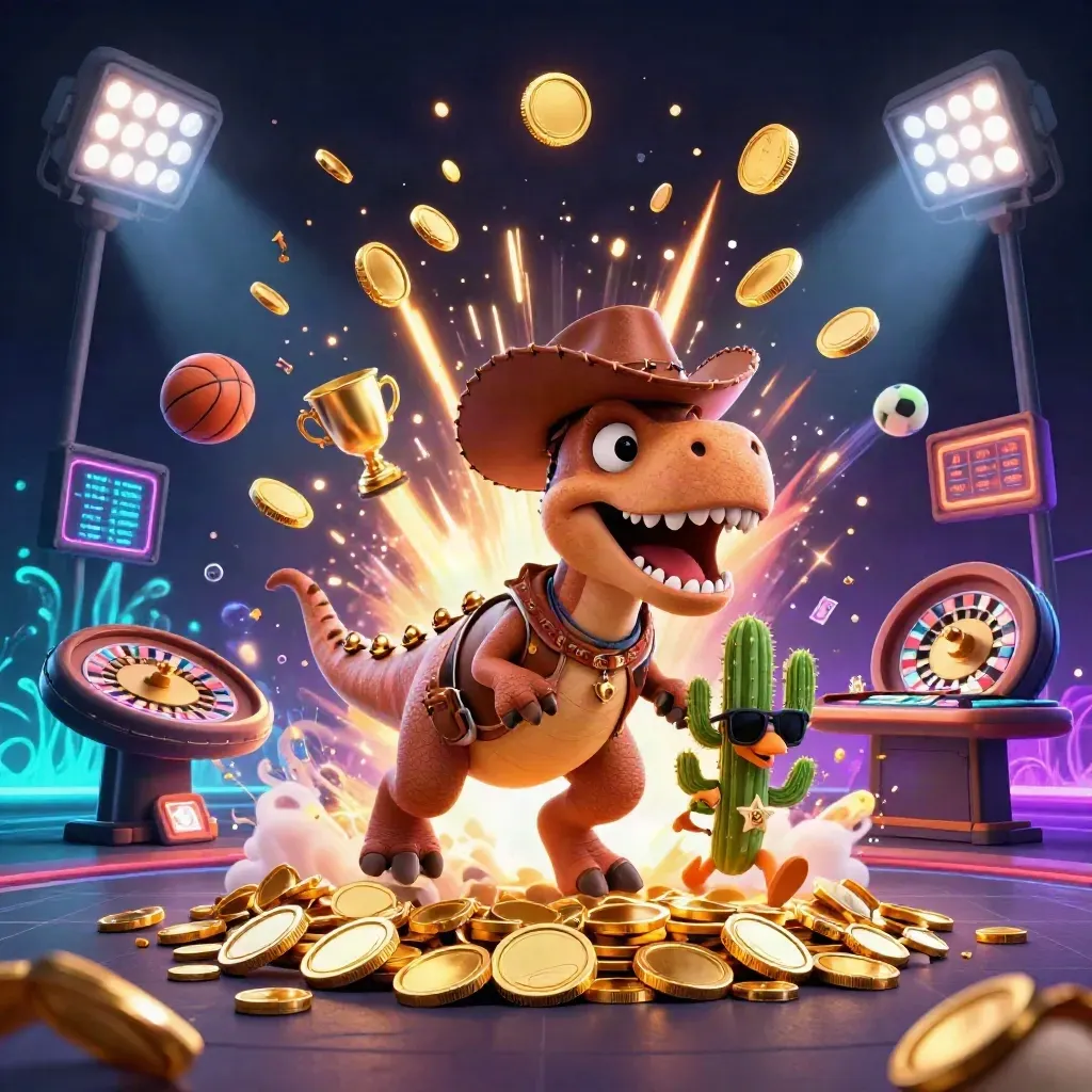Cowboy T-Rex trio amid vault coins, sports balls, fireworks, and casino props.