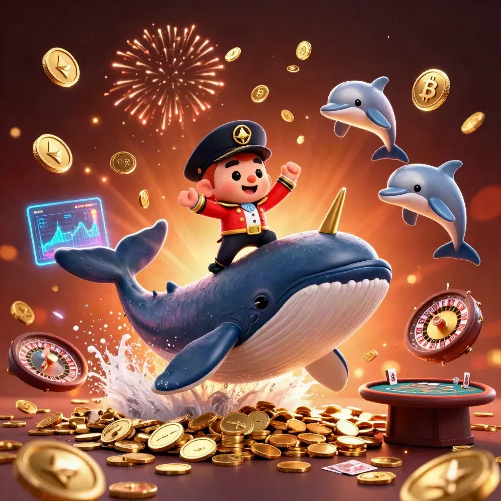 Whale captain, narwhal, dolphins, coins, neon casino effects, fireworks on a crimson pirate-luxe background