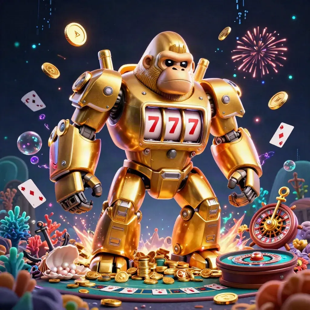 Golden gorilla slot mech and monkey pilot amid coin shower, treasure cove, and casino lights
