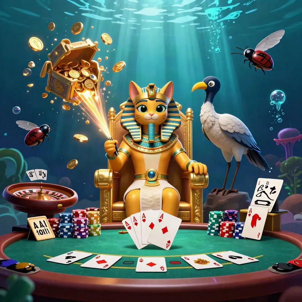 Pharaoh cat, ibis scribe, and gem-winged scarabs amid casino coins, cards, chips, and fireworks.