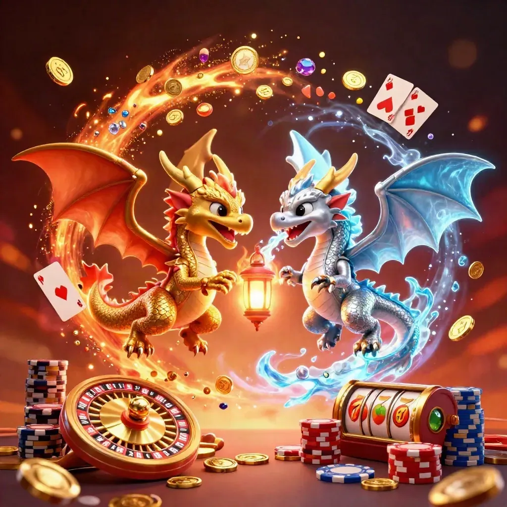 Twin gold and silver dragons spin in a yin-yang with coins, gems, chips, and a lantern spirit.