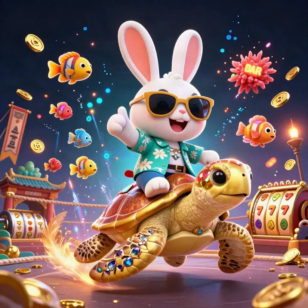 Lucky rabbit rides a golden sea turtle amid casino treasures and neon pirate effects.