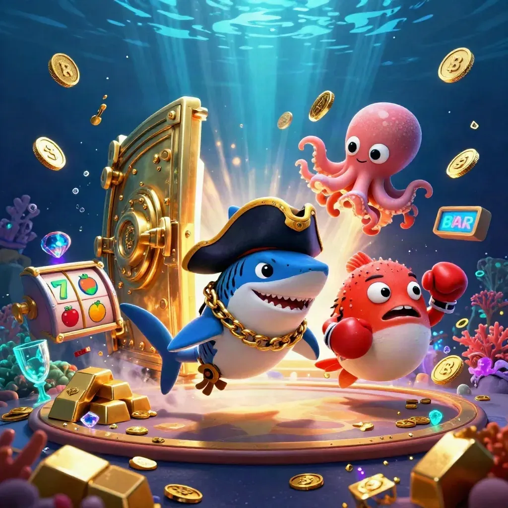 Pirate shark, boxing pufferfish, and juggling octopus amid a vault burst and slot symbols.