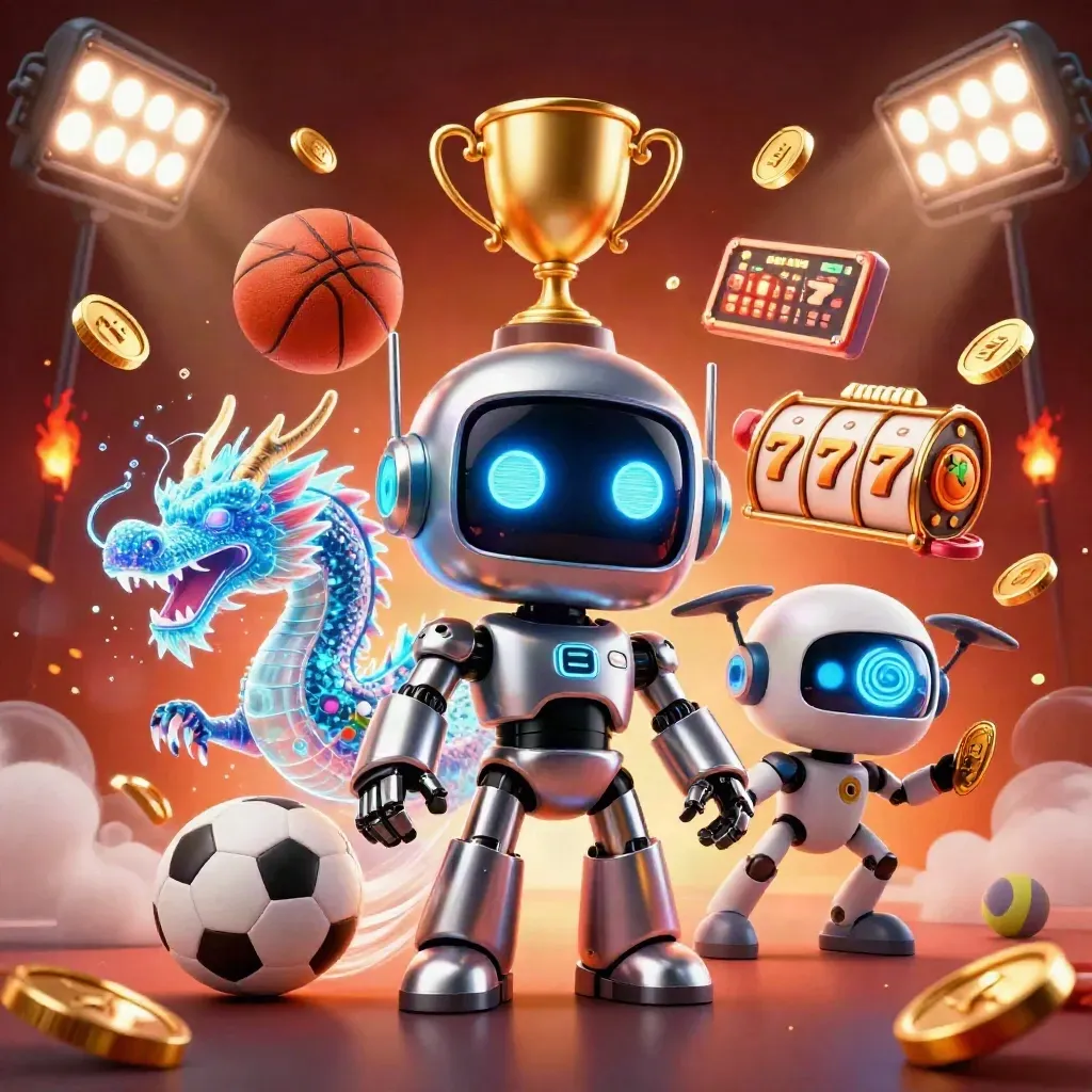 Chrome robot, hologram dragon, and coin drone amid casino sports icons, coins, and fiery glow.