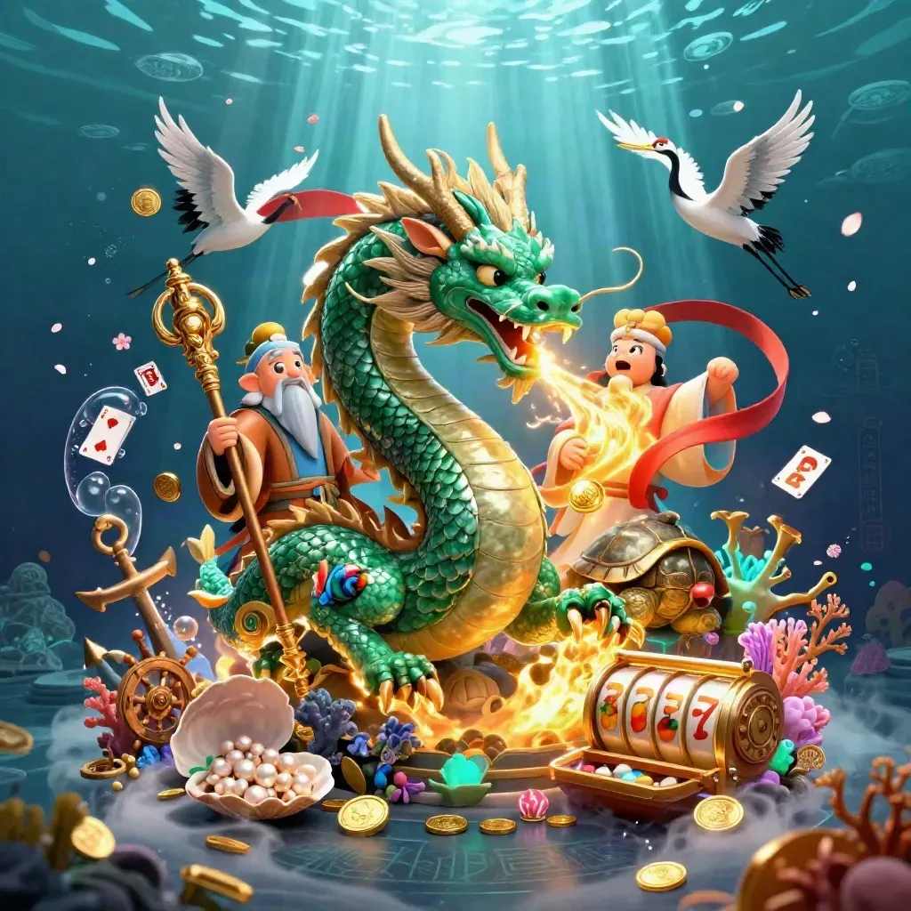 Emerald dragon, turtle sage, and cranes amid pirate treasure, reels, and glowing underwater magic.
