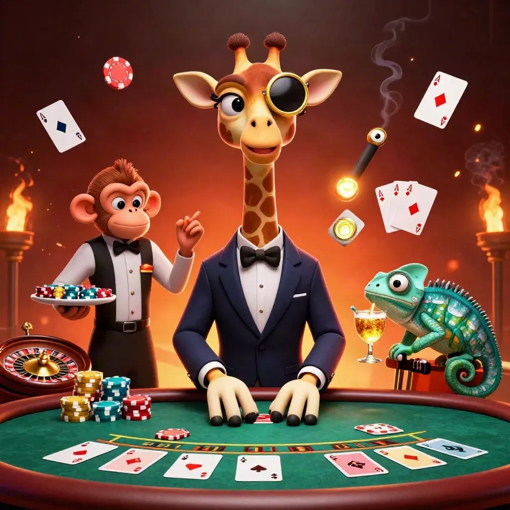 Giraffe high roller, monkey valet, and chameleon bartender amid chips, cards, and glowing casino lights.