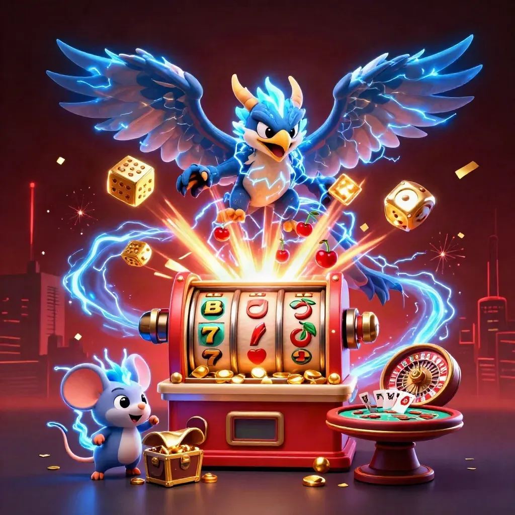 Thunder dragon, wind hawk, and static mouse amid casino loot and lightning
